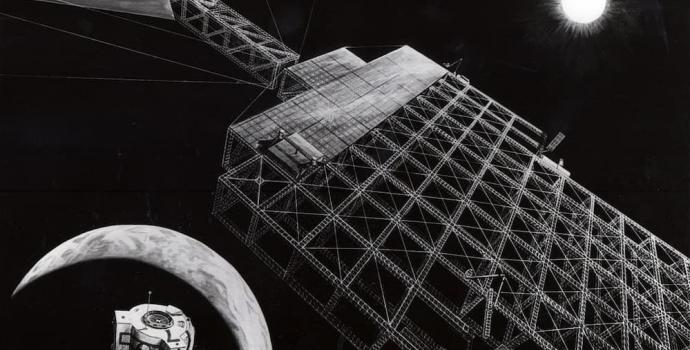 تجسيد فني من وكالة ناسا من عام 1976 يظهر محطة طاقة شمسية قيد الإنشاء في مدار ثابت حول الكرة الأرضية. المصدر: NASA