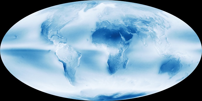 העננות בכדור-הארץ כפי שנקלטה לאורך יותר מעשור (2015-2002) על-ידי לוויין המחקר אקווה. פיזור העננים אינו שווה בין שני חצאי הכדור. מקור: נאס"א