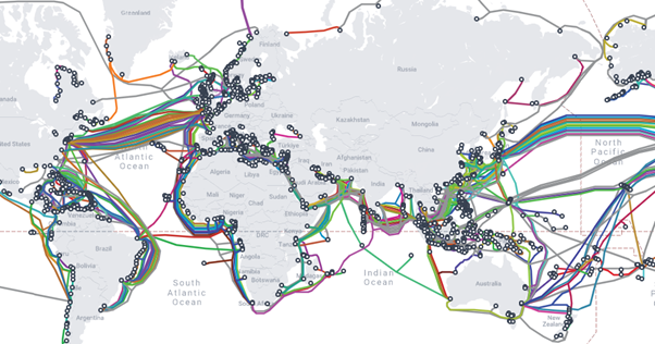 מפת הכבלים התת-ימיים בעולם. קרדיט: TeleGeography