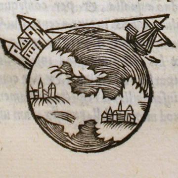 תחריט מספר לימוד מימי הביניים, משנת 1550, שמסביר מדוע אנו רואים את תורן הספינה אחרי שגוף הספינה נעלם באופק – כי העולם כדורי.