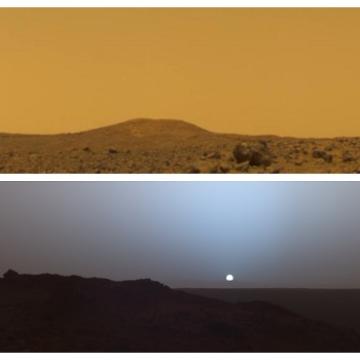 למעלה: מאדים באמצע היום. למטה: מאדים בשקיעה. קרדיט: NASA/JPL-Caltech